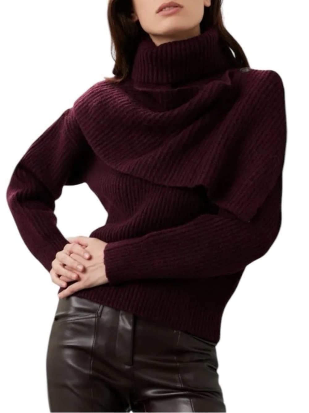 Thakoon Turtleneck Scarf Sweater Burgundy Thick Rib Knit Sz M